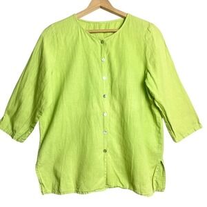 VTG lime green linen button up Womens Large (no‎ tag) lagenlook beach resort